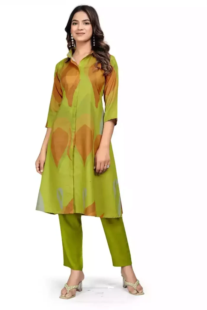 green round neck multi color kurti with pant close min