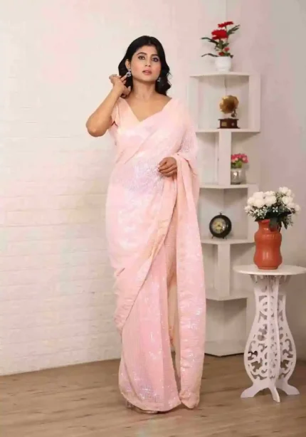 pink color Sequins Embroidery Work Heavy Georgette Saree for Party