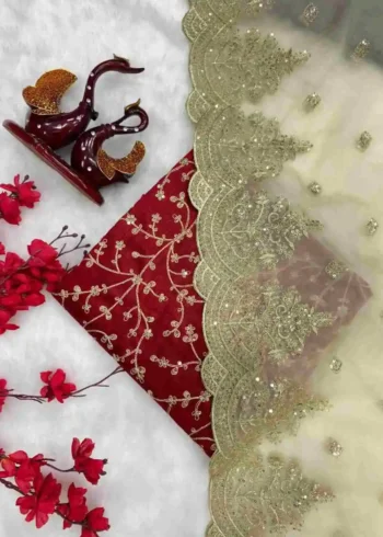 Off white color Heavy Soft Organza Zari Embroidery Work Saree for Party