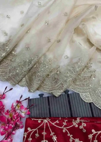 Off white color Heavy Soft Organza Zari Embroidery Work Saree for Party