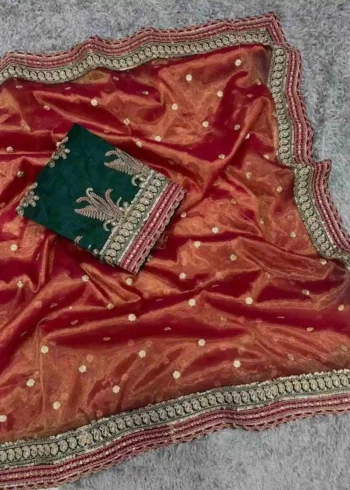 red color Heavy Twilve Cording Embroidery Work Designer Bridal Saree
