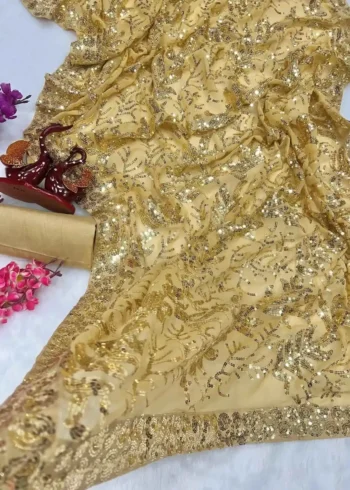 golden color party wear heavy georgette fabric designer saree