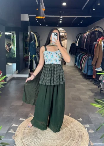 Green color Georgette Pleated Top & Sharara Set