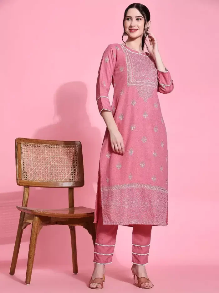 pink color jaipuri cotton kurta suit set front min