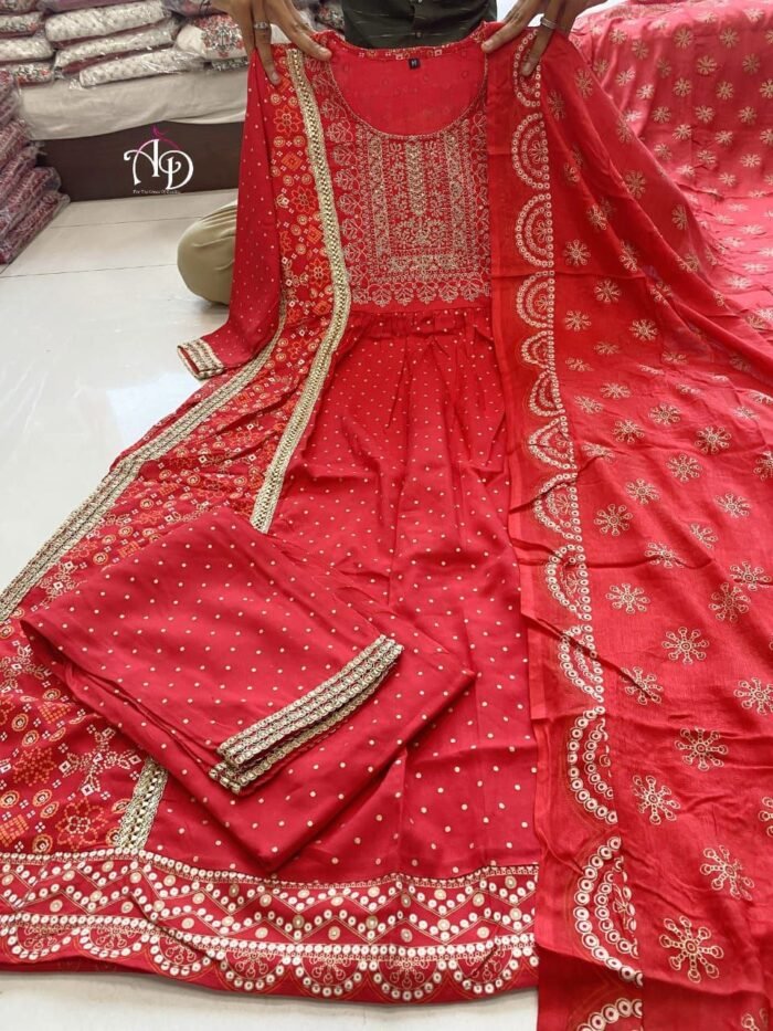 printed naira cut kurta pant red open 1