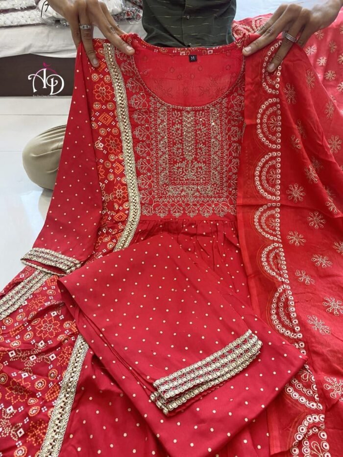 printed naira cut kurta pant red open