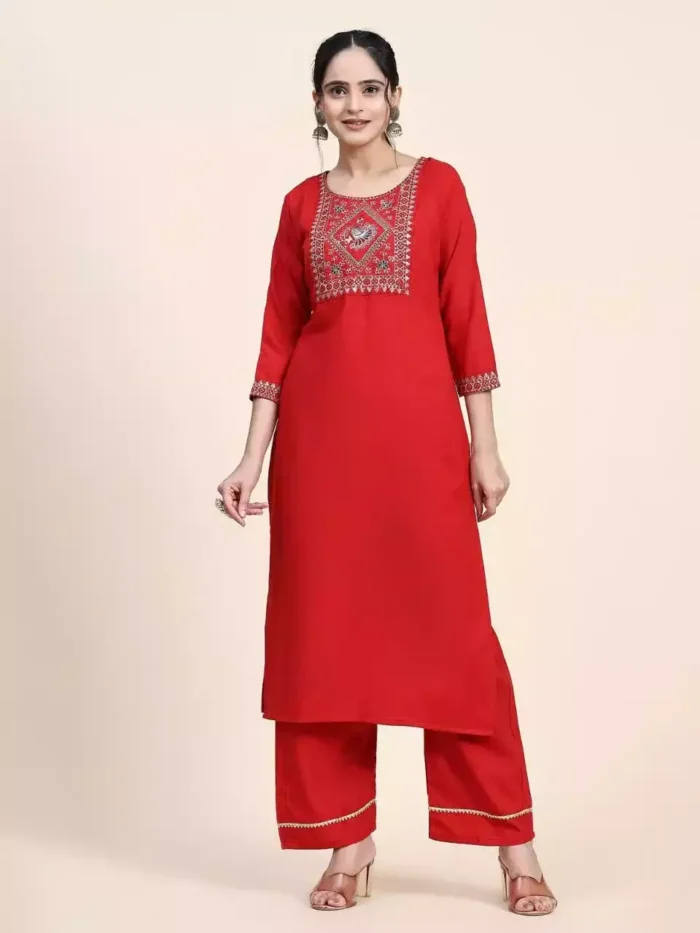 red color cotton kurta suit set front min