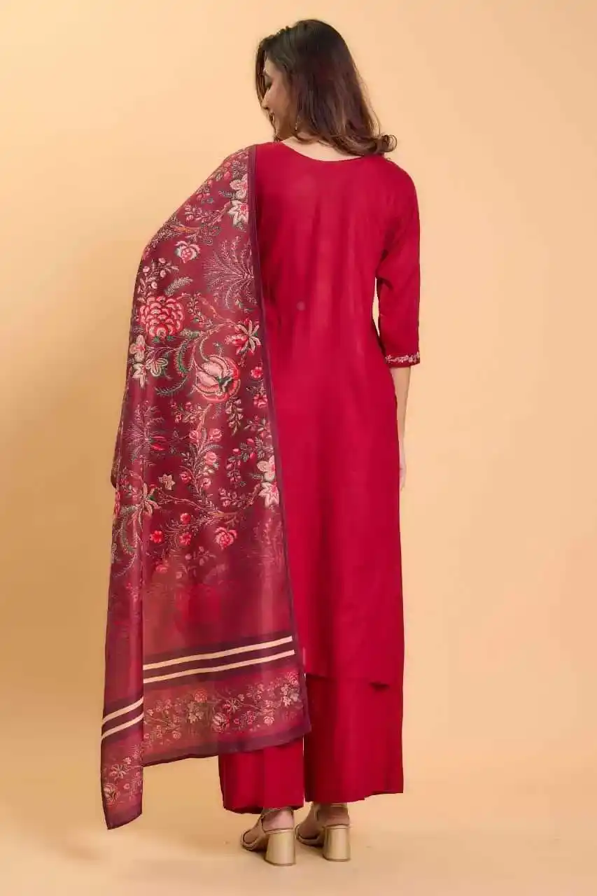 red color V Neck Rayon Handwork Embroidered Kurti with Palazzo