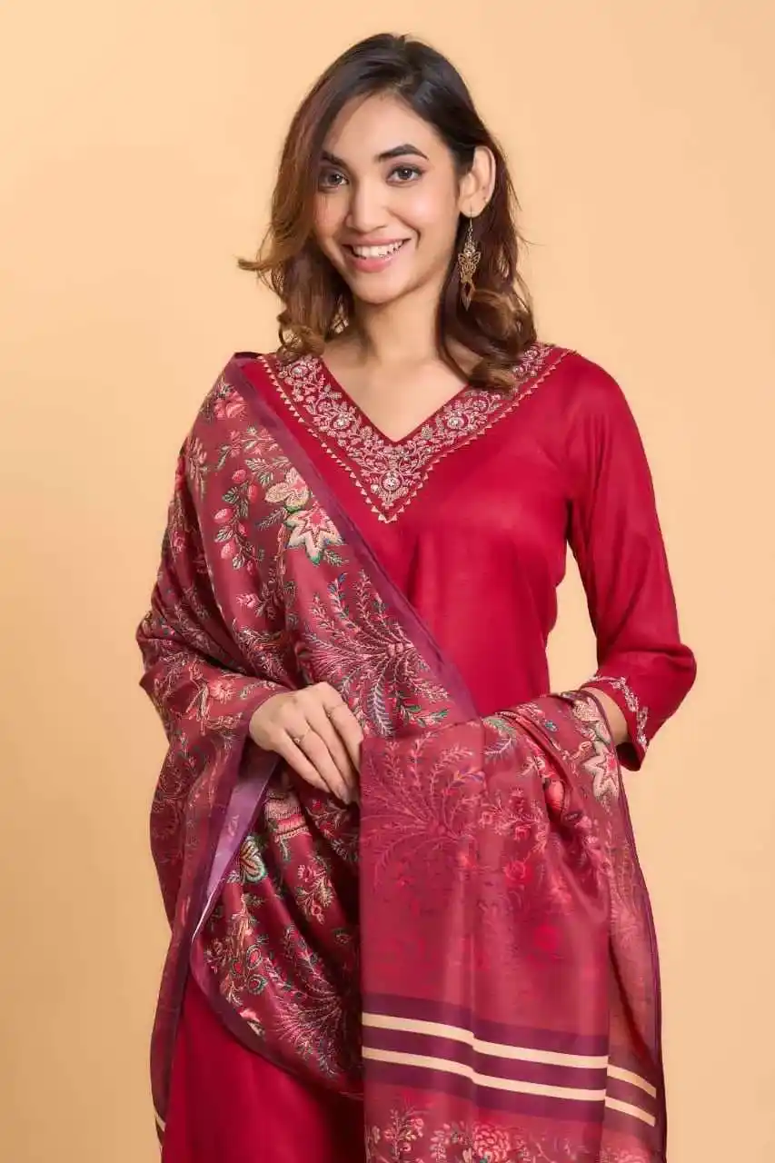 red color V Neck Rayon Handwork Embroidered Kurti with Palazzo