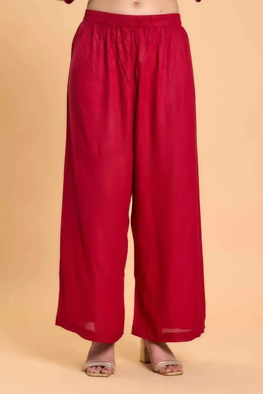 red color V Neck Rayon Handwork Embroidered Kurti with Palazzo