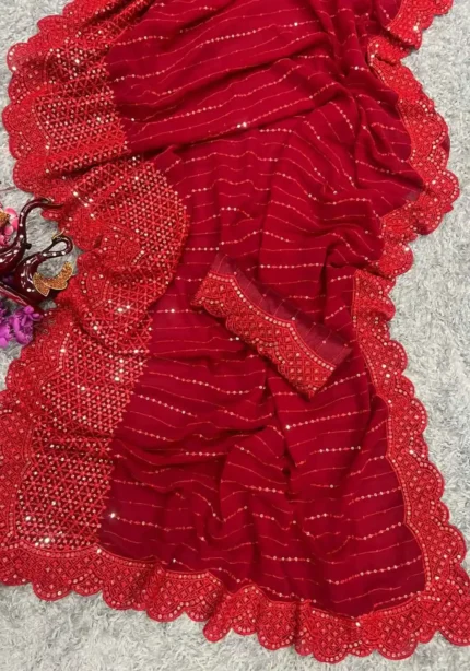 Red Color Heavy Georgette Fabric Party Wear Saree