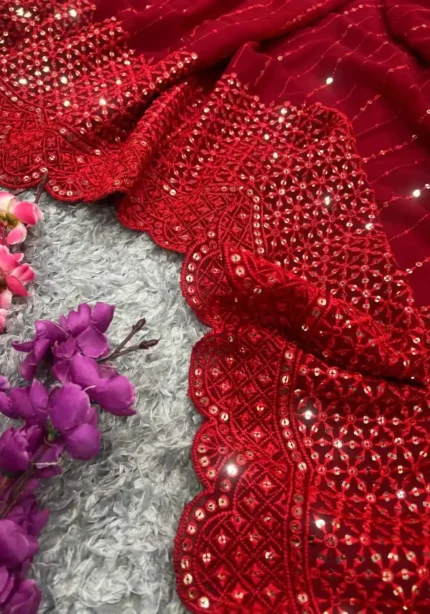 Red Color Heavy Georgette Fabric Party Wear Saree