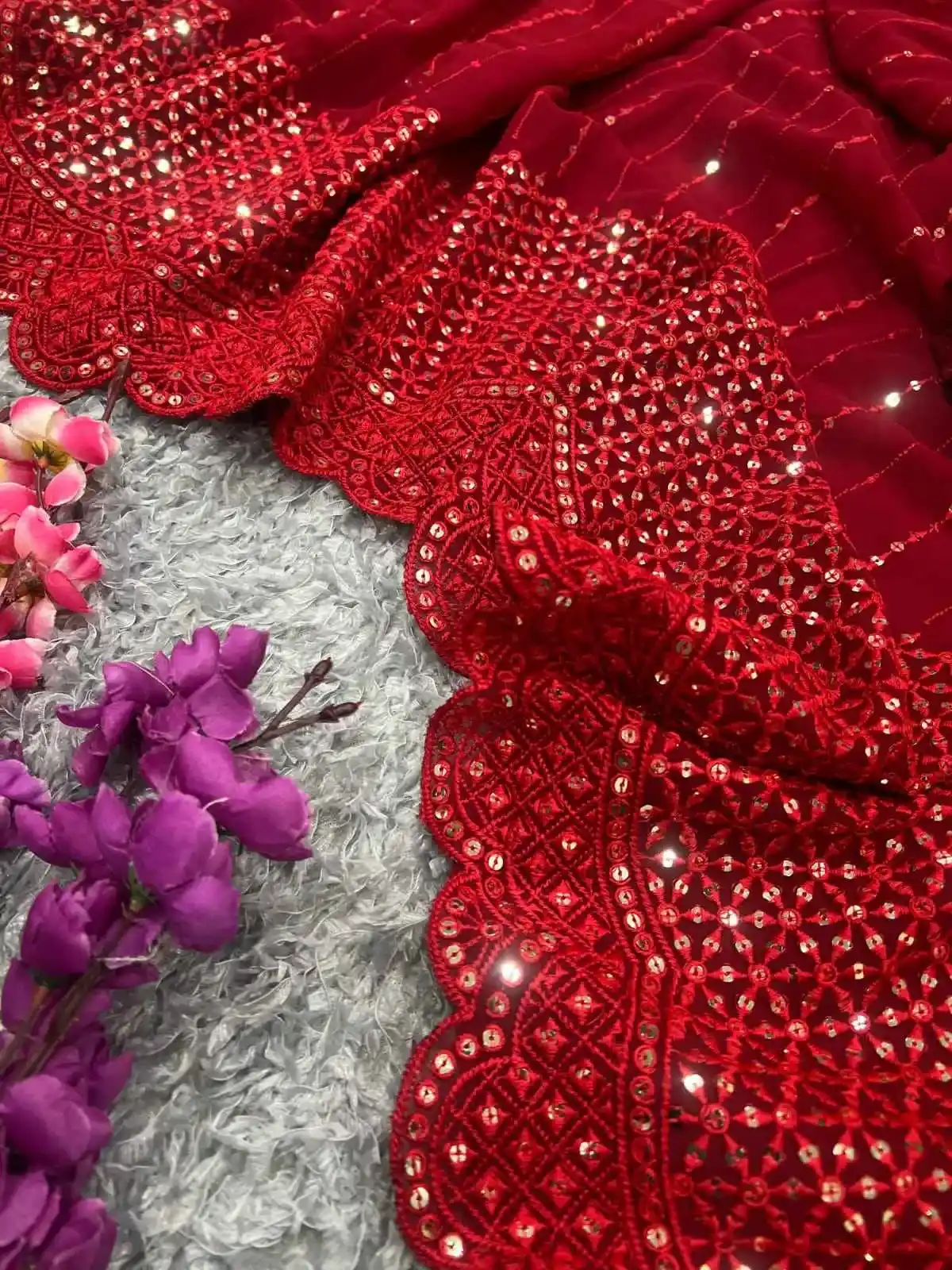 Red Color Heavy Georgette Fabric Party Wear Saree