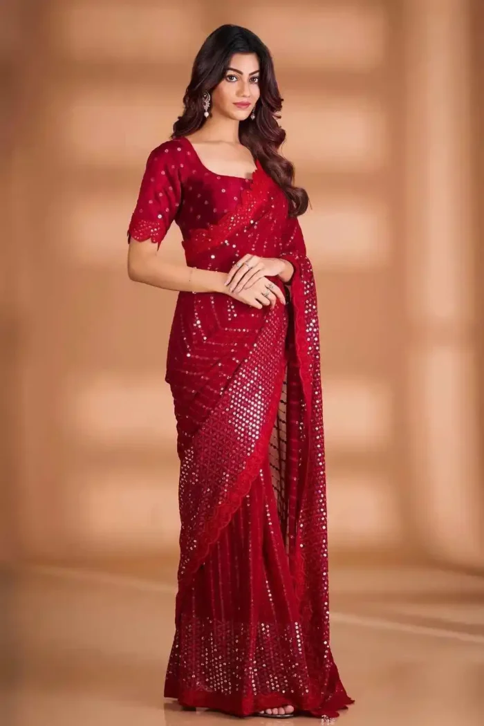 Red Color Heavy Georgette Fabric Party Wear Saree