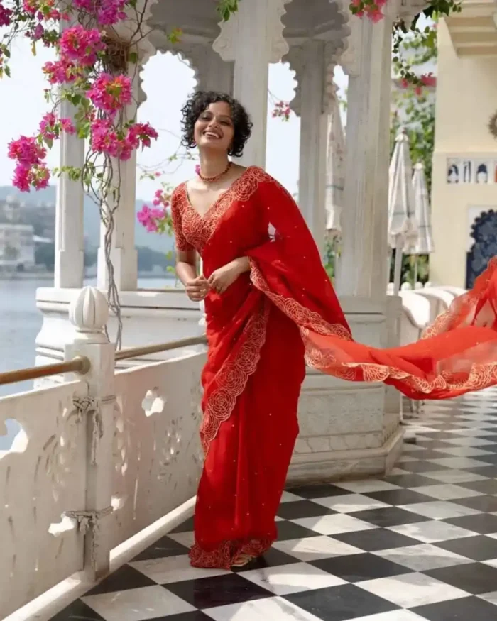 red color Heavy Tabby Organza Diamond Work Designer Saree
