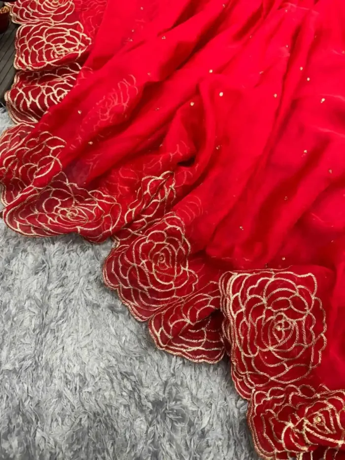 red color Heavy Tabby Organza Diamond Work Designer Saree