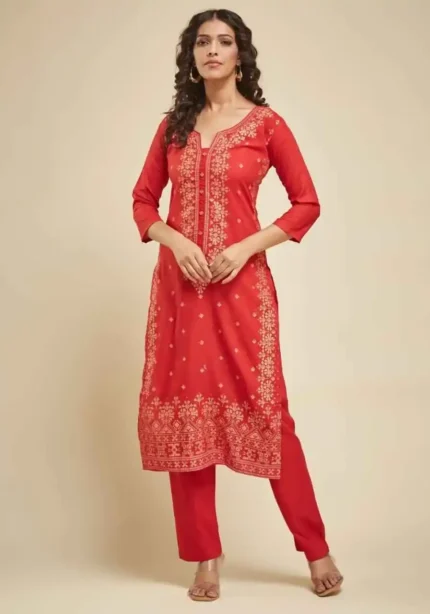 Red Color Premium Printed Kurti with Bottom