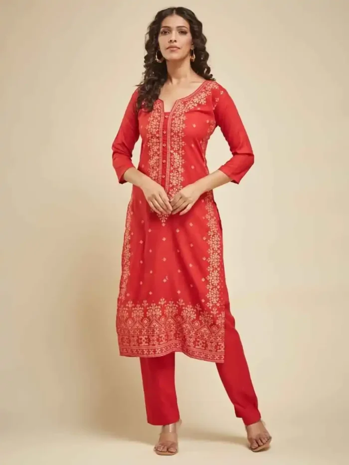 Red Color Premium Printed Kurti with Bottom