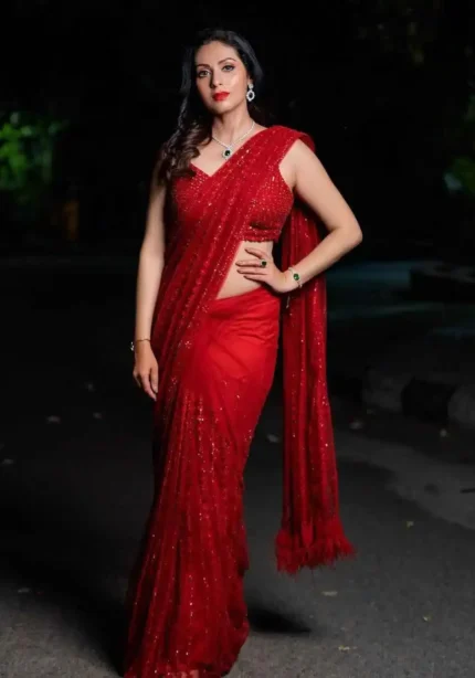 red color Soft Net Feather Lace Sequins Party Wear Saree