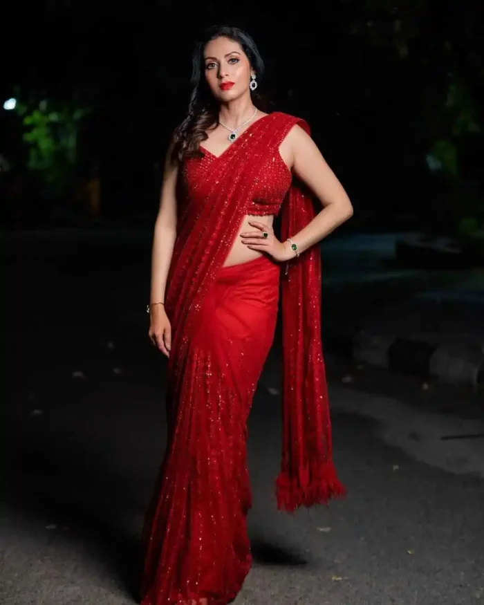 red color Soft Net Feather Lace Sequins Party Wear Saree