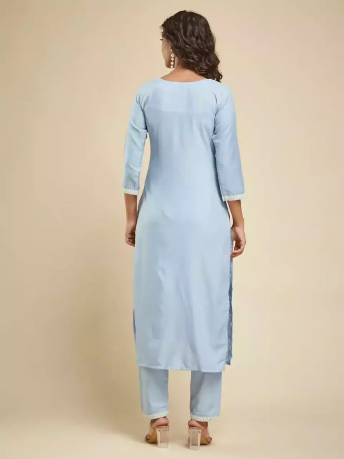 sky blue color viscose chanderi kurta suit set back min 1