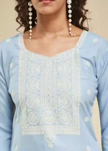 Sky Blue Color Viscose Chanderi Kurta Set - Image 4