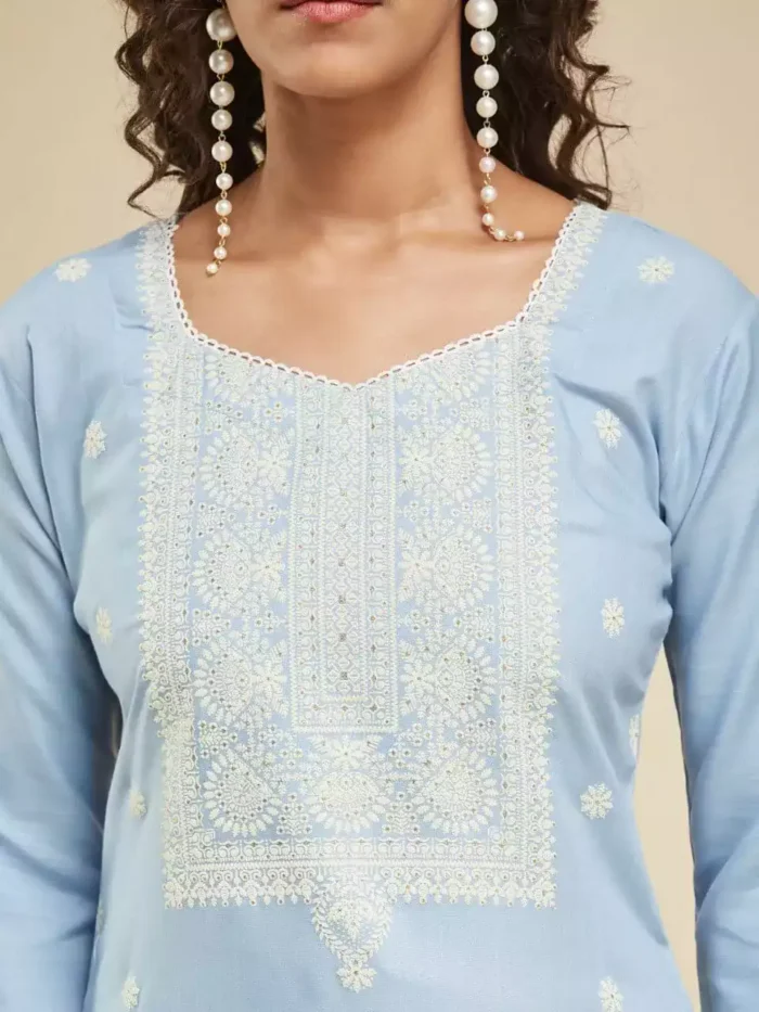 sky blue color viscose chanderi kurta suit set close min 1