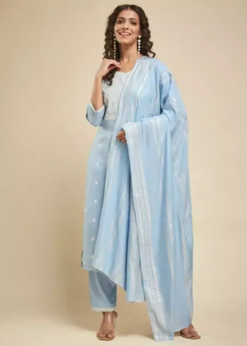Sky Blue Color Viscose Chanderi Kurta Set