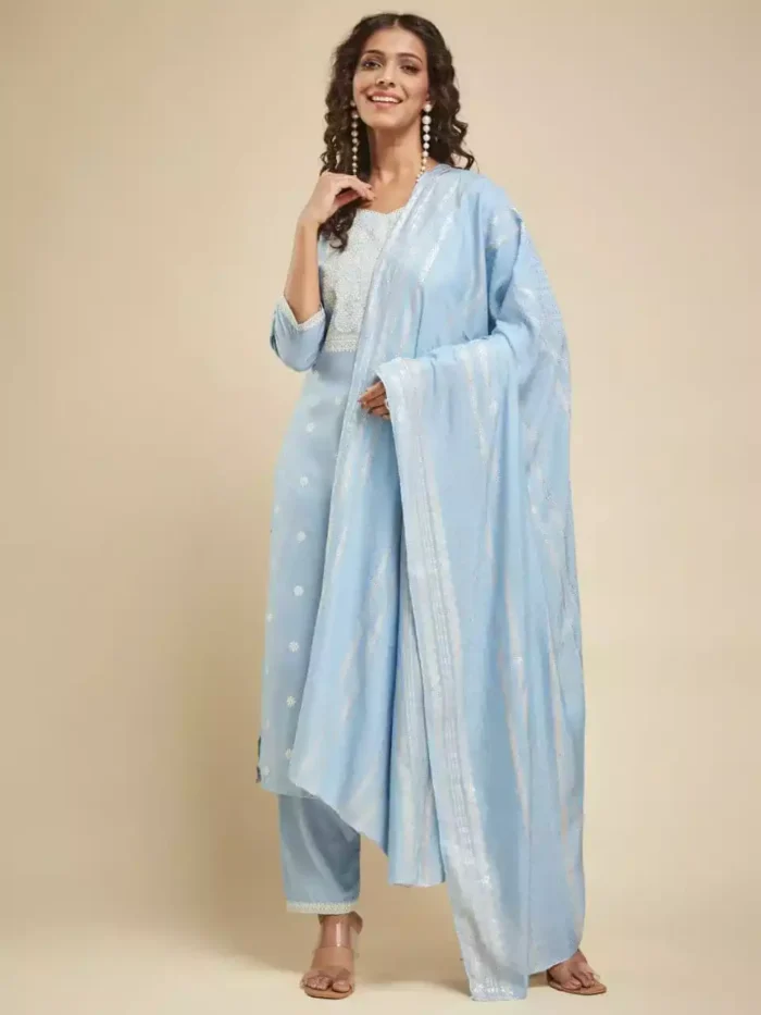 sky blue color viscose chanderi kurta suit set front min 1