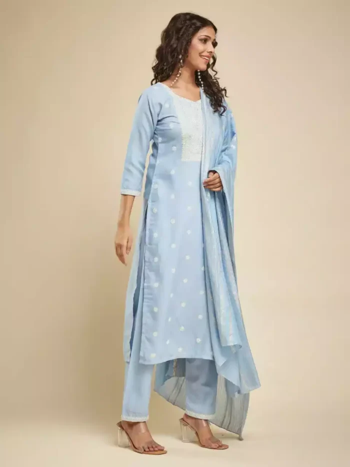 sky blue color viscose chanderi kurta suit set side min 1