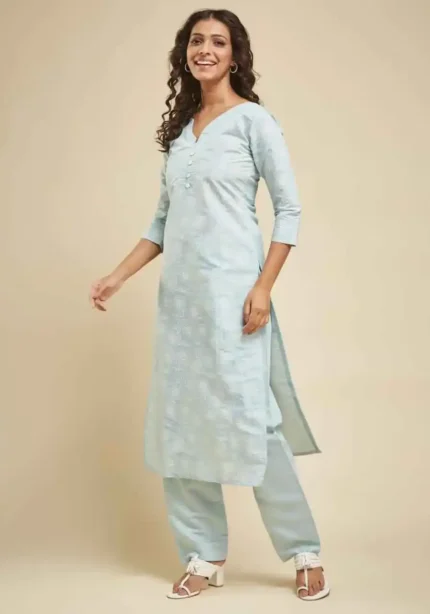 Sky Blue Roman Silk Kurti with Bottom