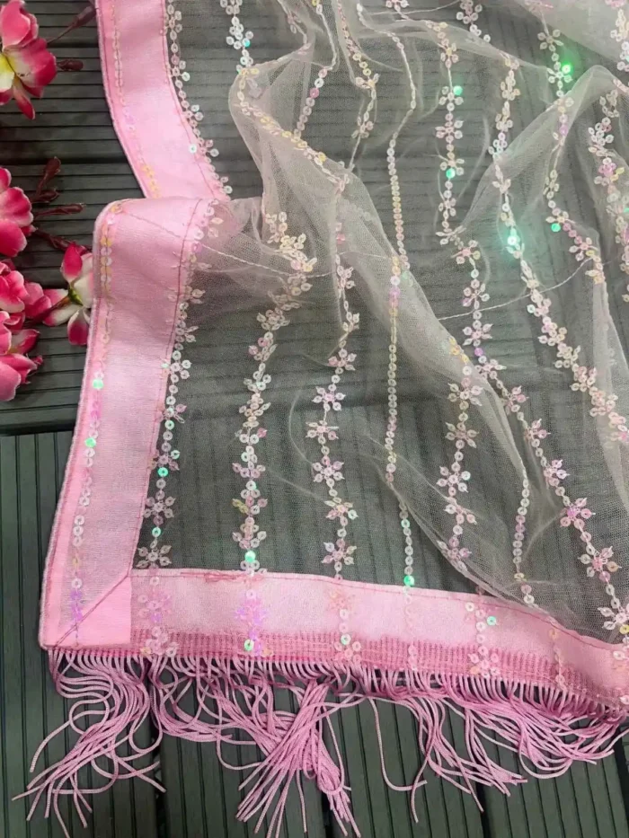 pink color Soft Net Feather Lace Sequins Party Wear Saree