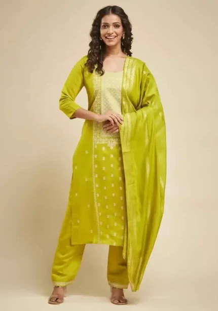 Viscose Chanderi Premium Printed Suit in yellow color