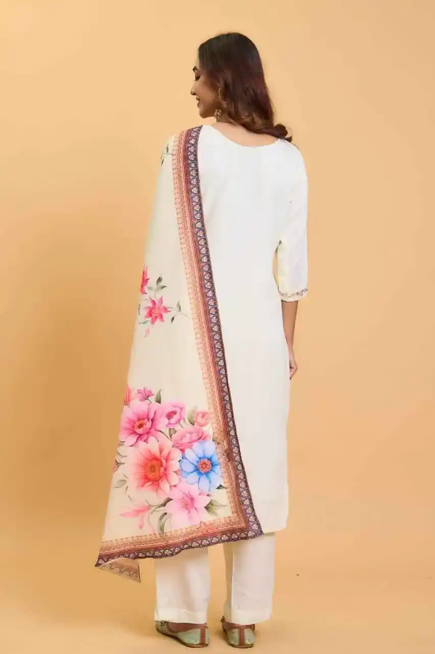 off white color V Neck Rayon Handwork Embroidered Kurti with Palazzo