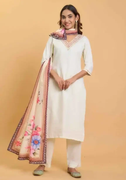 off white color V Neck Rayon Handwork Embroidered Kurti with Palazzo