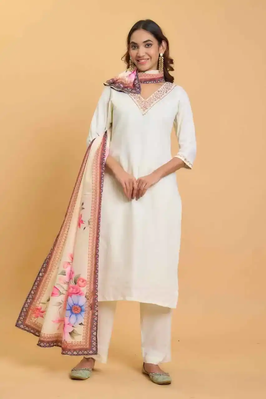 off white color V Neck Rayon Handwork Embroidered Kurti with Palazzo