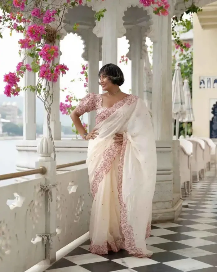 white color Heavy Tabby Organza Diamond Work Designer Saree