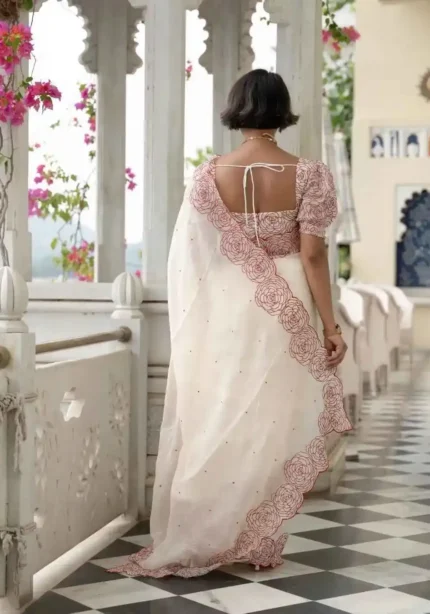 white color Heavy Tabby Organza Diamond Work Designer Saree