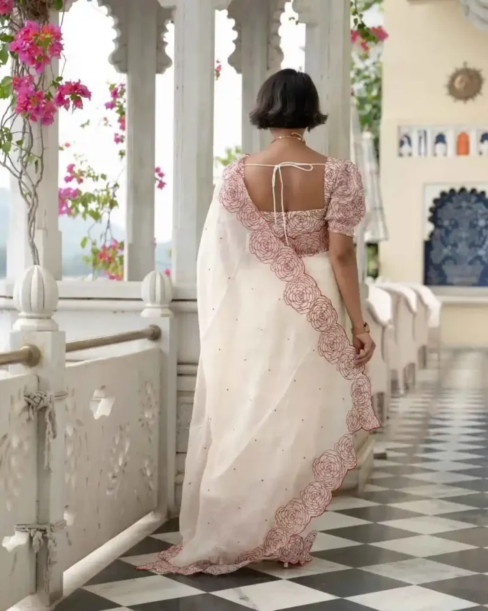 white color Heavy Tabby Organza Diamond Work Designer Saree