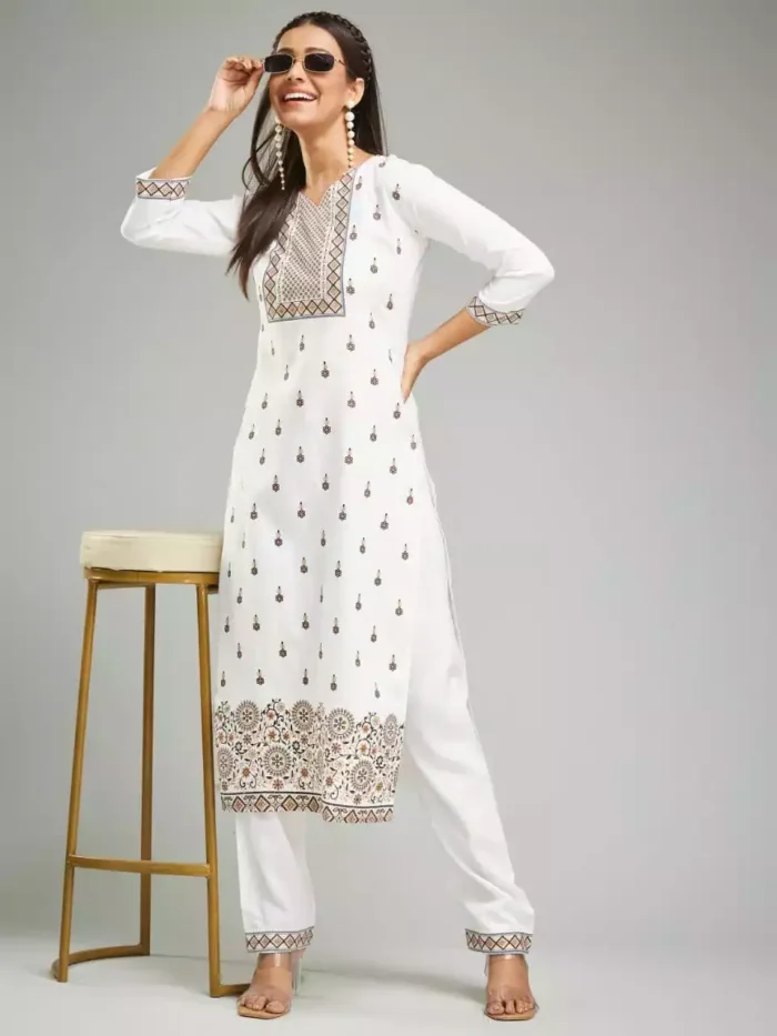 white color printed viscose chanderi kurta suit set front min 1