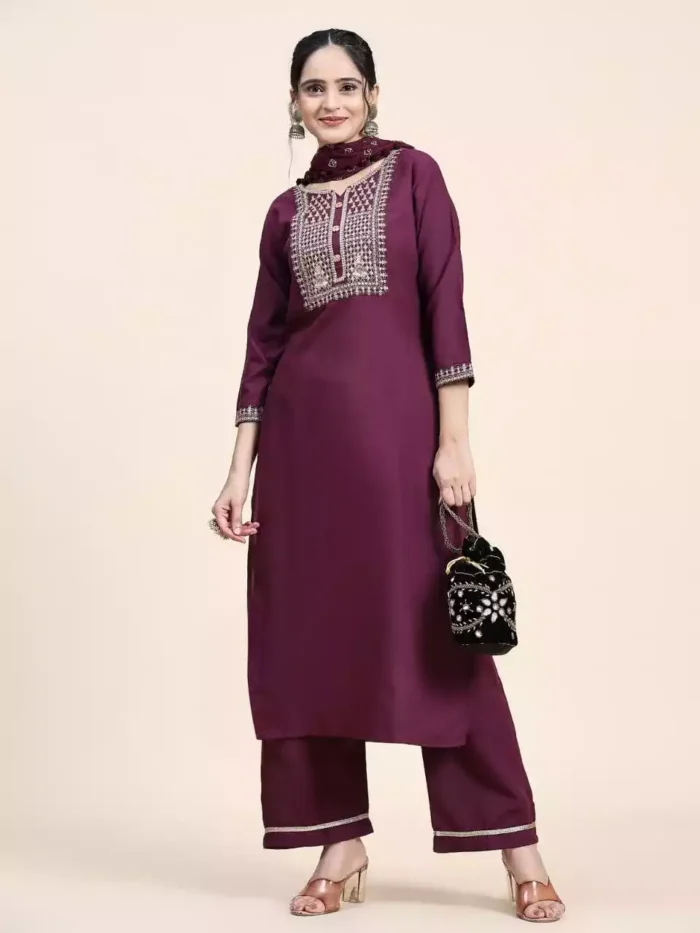 wine color cotton kurta suit set front min