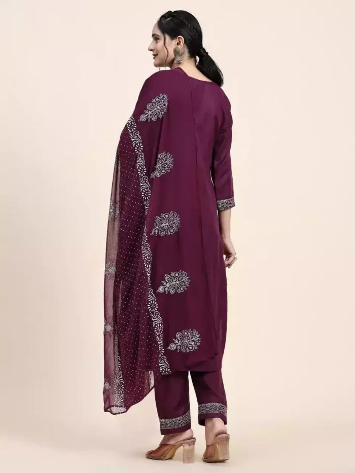 wine color embroidered cotton kurta suit set dupatta back min