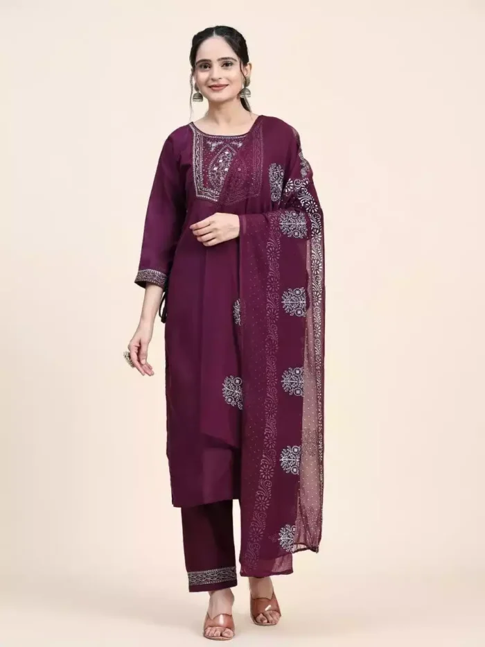 wine color embroidered cotton kurta suit set dupatta front min