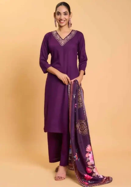 wine color V Neck Rayon Handwork Embroidered Kurti with Palazzo