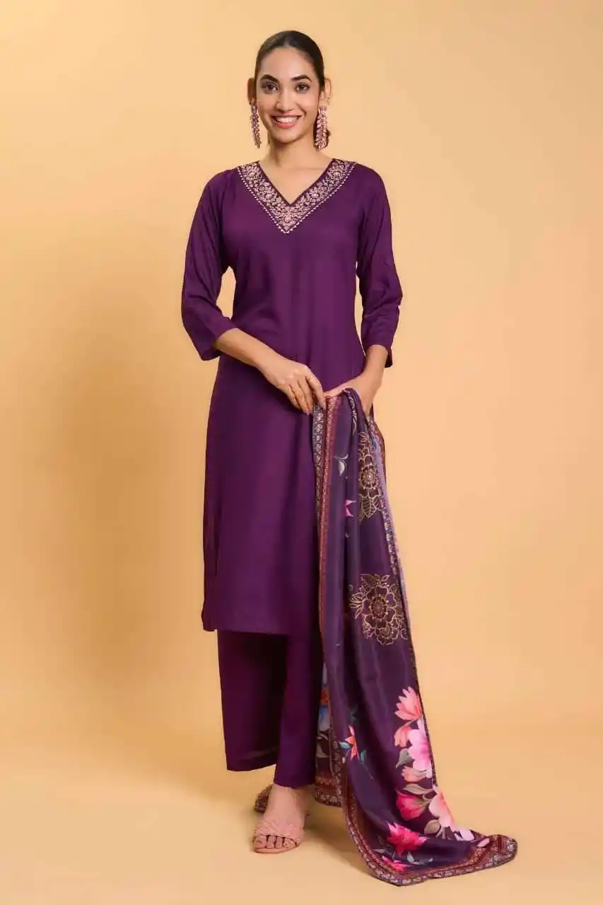 wine color V Neck Rayon Handwork Embroidered Kurti with Palazzo