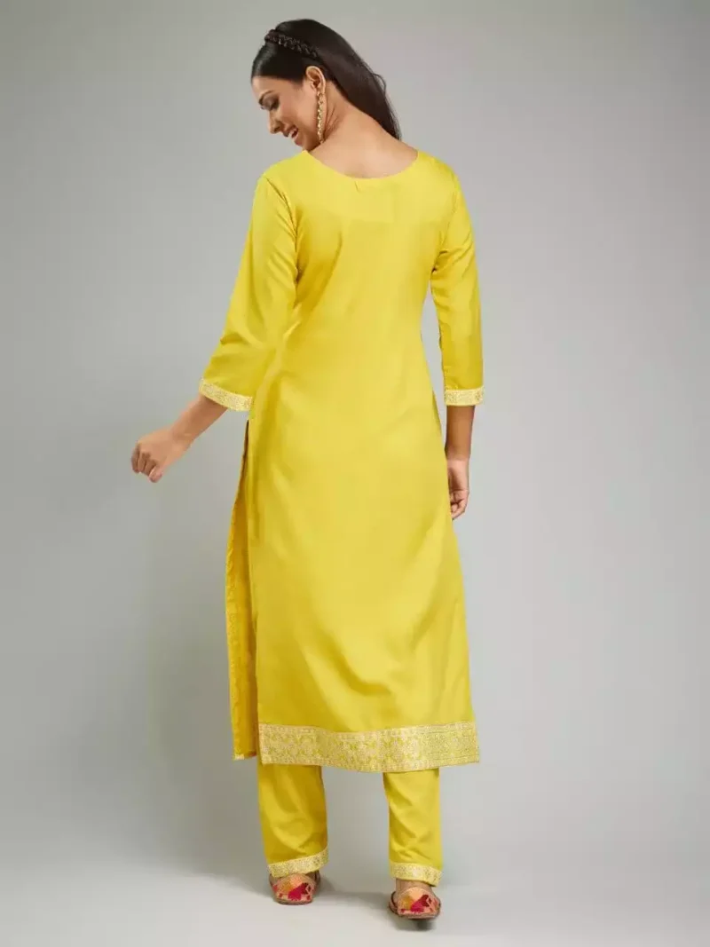 Yellow Viscose Chanderi Designer Kurta Suit Set - Image 3