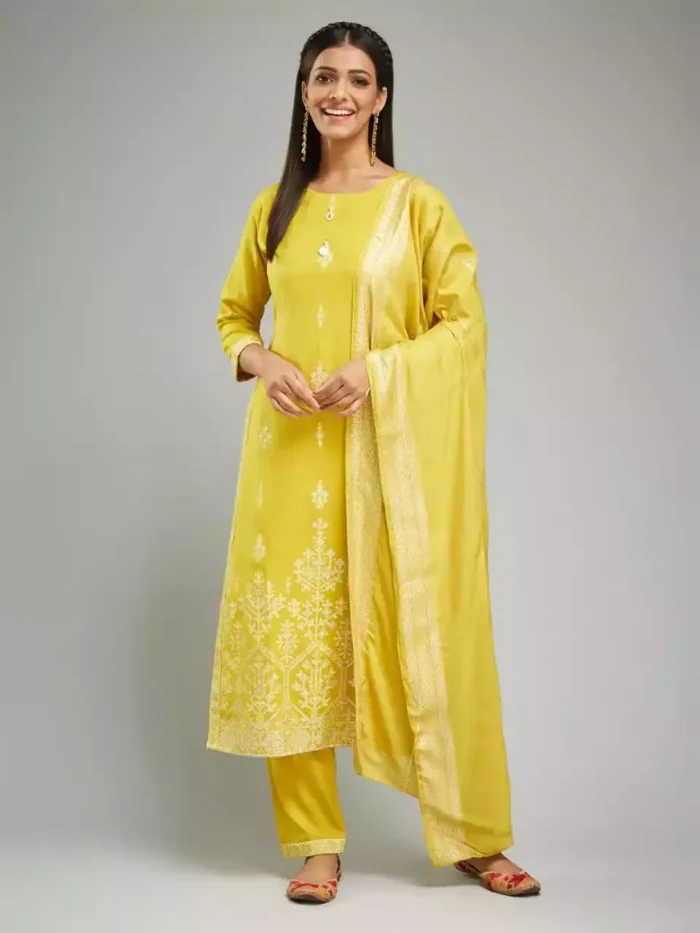 yellow color viscose chanderi kurta suit set front min 1