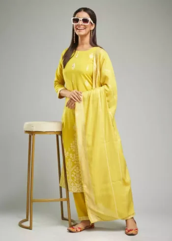 Yellow Viscose Chanderi Designer Kurta Suit Set - Image 2