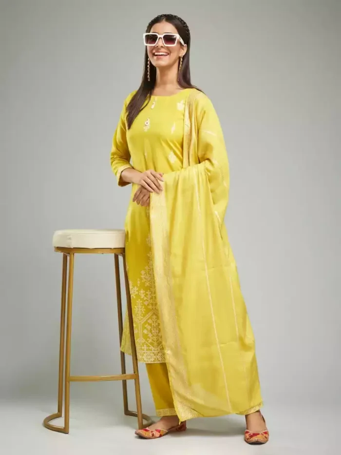 yellow color viscose chanderi kurta suit set full min 1