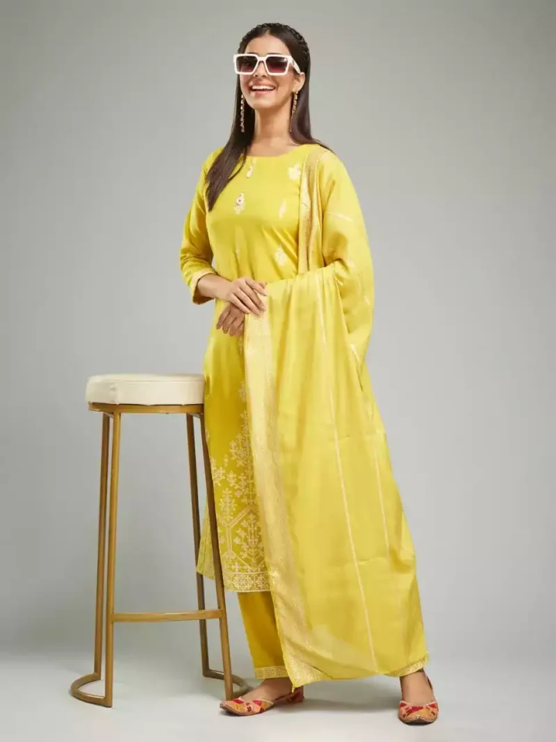 Yellow Viscose Chanderi Designer Kurta Suit Set - Image 2